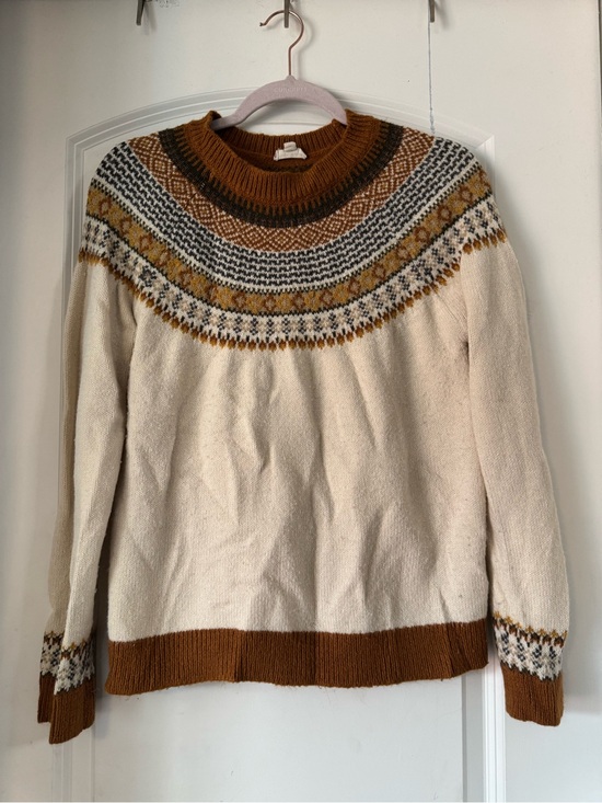 Hem & Thread Sweaters - Hem & Thread Cream Fair Isle Crewneck Sweater with Brown and Mustard Accents